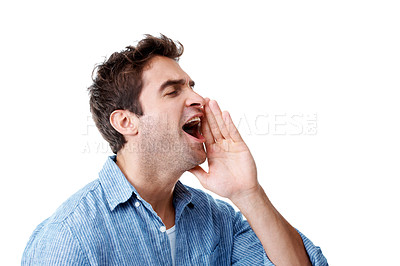 Buy stock photo Man, screaming and voice in studio with announcement for deal with mockup space on white background. Person, shout and review with advertising, propaganda or attention for discount sales promotion