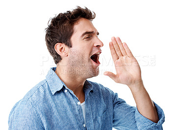 Buy stock photo Man, shout and voice in studio with announcement for deal with mockup space on white background. Person, notification and review with advertising, propaganda or scream for discount sales promotion