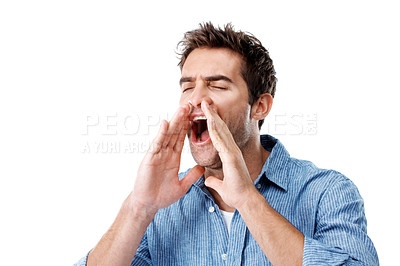 Buy stock photo Man, shout and noise in studio with announcement for deal with mockup space on white background. Person, notification and review with advertising, propaganda or scream for discount sales promotion