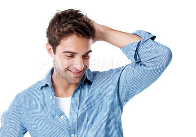 Buy stock photo Thinking, studio and happy man with memory for nostalgia, idea or past moment on a white background. Thoughtful, male person or contemplating with doubt or guess for reminder, forget or remember