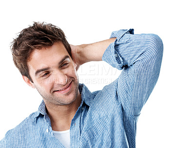 Buy stock photo Thinking, happy and vision with man in studio for brainstorming, confused and reflection. Perspective, mindset and problem solving with person on white background for future, insight and wondering
