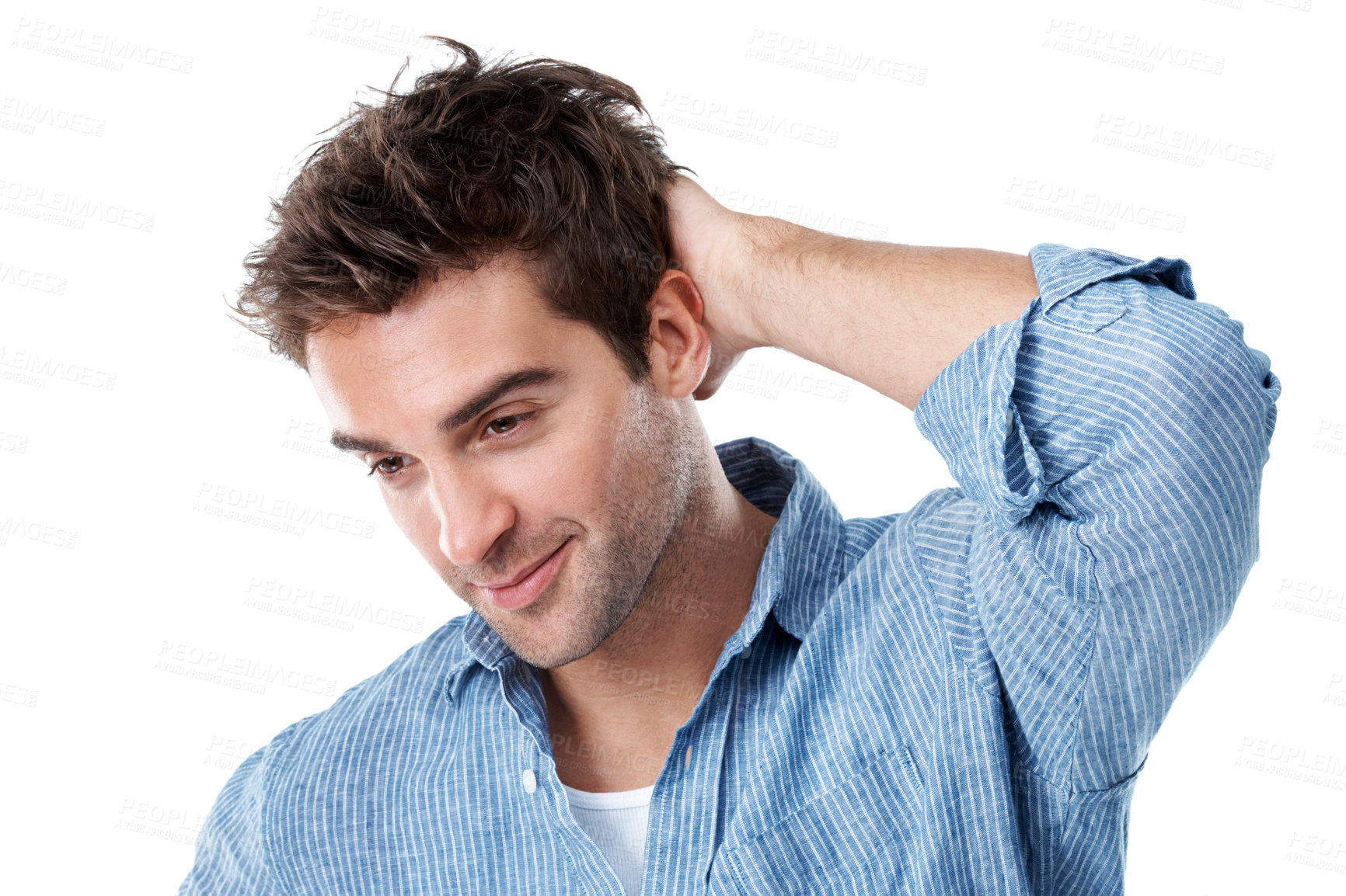 Buy stock photo Man, thinking or studio with idea for nostalgia, memory or past moment on a white background. Thoughtful, male person or contemplating with hand on head or forget for unsure, reminder or remember