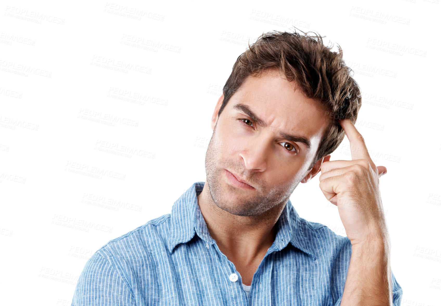 Buy stock photo Thinking, doubt and portrait of man in studio with problem solving or decision for creative career. Unsure, brainstorming and designer with choice for job opportunity on white background by space.