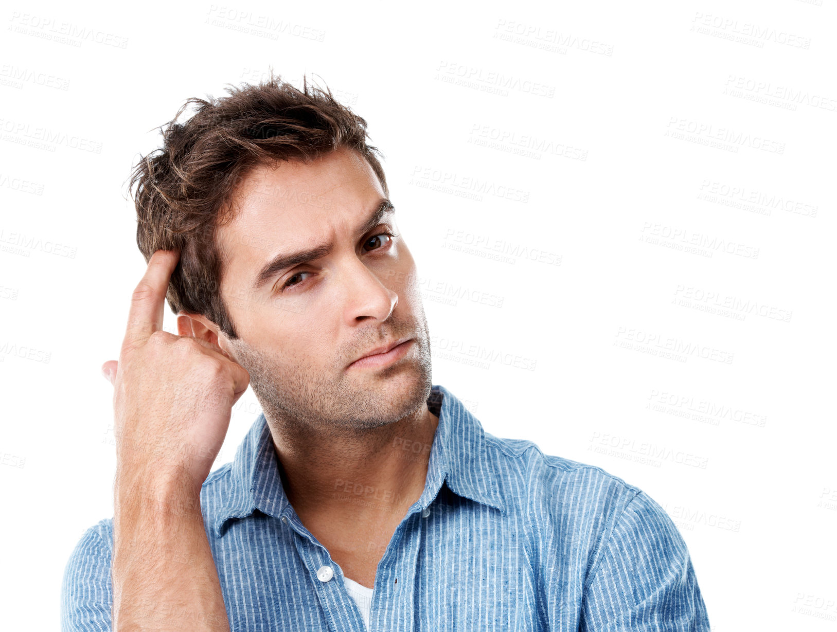 Buy stock photo Thinking, unsure and portrait of man in studio with problem solving or decision for creative career. Doubt, brainstorming and designer with choice for job opportunity on white background by space.