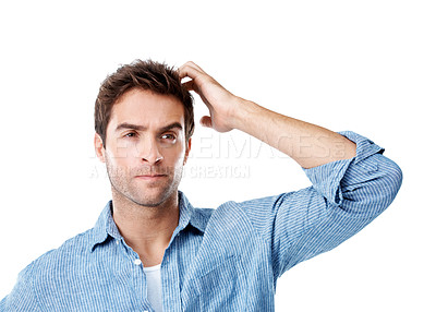 Buy stock photo Thinking, confused and man with doubt in studio with problem solving or decision for creative career. Unsure, brainstorming and designer with choice for job opportunity on white background by space.