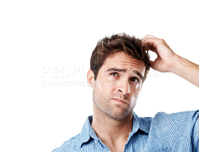 Buy stock photo Confused, space and portrait of man in studio with problem solving or decision for creative career. Thinking, brainstorming and designer with choice or doubt for job opportunity on white background.