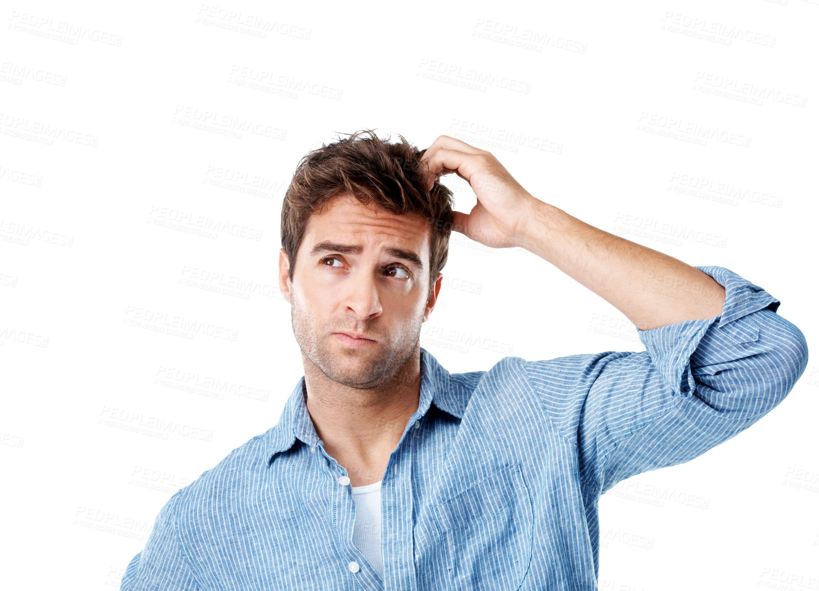Buy stock photo Confused, doubt and man in studio with problem solving or decision for creative career. Thinking, brainstorming and designer with choice or unsure for job opportunity on white background by space.