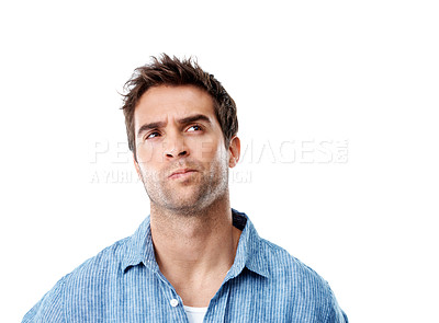 Buy stock photo Thinking, space and man in studio with idea, brainstorming and options for solution on white background. Reflection, mockup and person with thoughtful, wondering and decision for problem solving
