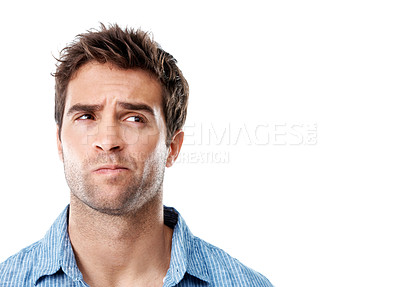 Buy stock photo Space, thinking and man in studio for options, decision and choice for problem solving or solution. Mockup, unsure and person with reflection for brainstorming, ideas and doubt on white background