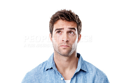 Buy stock photo Thinking, space and man in studio for looking up, thoughtful and idea for problem solving. Mockup, brainstorming and person with wondering, decision and remember for options on white background