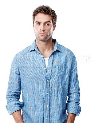 Buy stock photo Serious, man and suspicious with thinking in studio for fake news, doubt or critical of gossip. Rumor, person and listening to liar on white background for secret intention, false story and skeptical
