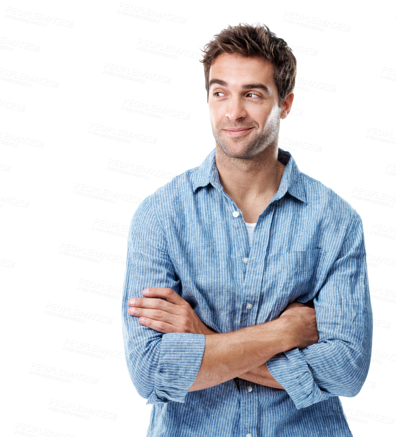 Buy stock photo Man, arms crossed and thinking in studio with decision, mockup space and inspiration on white background. Person, smile and perspective with choice, nostalgia and remember with reflection for insight