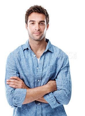 Buy stock photo Arms crossed, fashion and portrait of man in studio for confidence, casual style or positive attitude. Pride, smile and trendy clothes with male person on white background for cool and designer shirt