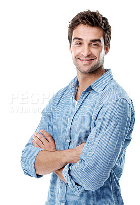 Buy stock photo Happy, fashion and portrait of man in studio for confidence, casual style and positive attitude. Pride, arms crossed and trendy clothes with male person on white background for cool and satisfaction