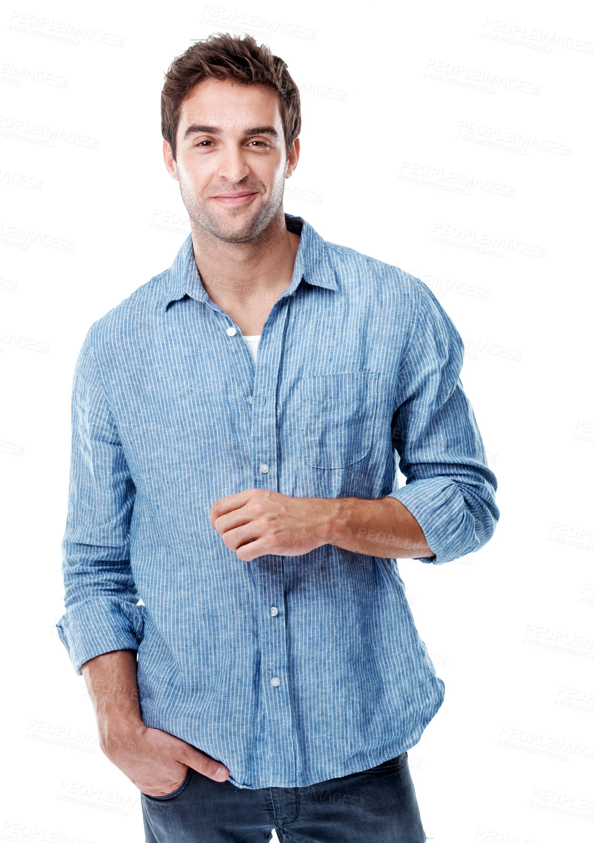 Buy stock photo Denim, happy and portrait of man for fashion, trendy clothing and casual outfit on white background. Smile, wardrobe and person in shirt for confidence, pride or positive attitude for style in studio