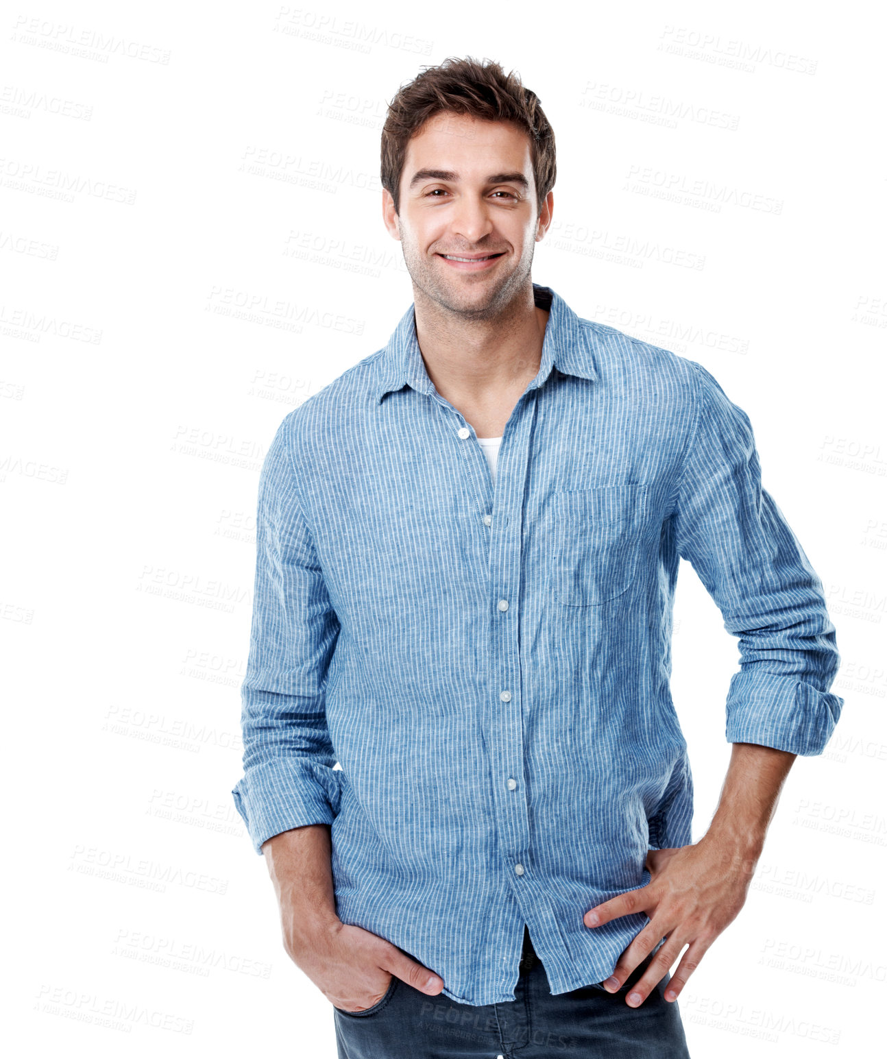 Buy stock photo Studio, portrait and man with confidence for fashion, trendy style and casual outfit on white background. Happy, designer and person with shirt for denim aesthetic, pride and positive attitude