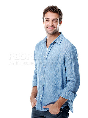 Buy stock photo Studio, portrait and happy man with denim for fashion, trendy style and casual outfit on white background. Smile, space and person with shirt for confidence, pride and positive attitude for wardrobe