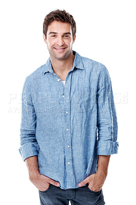 Buy stock photo Happy, portrait and man in studio for fashion, trendy style and casual outfit on white background. Smile, denim and person with shirt for confidence, pride or positive attitude for wardrobe aesthetic