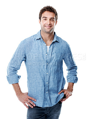 Buy stock photo Studio, portrait and man with confidence for style, trendy outfit and fashion on white background. Happy, aesthetic and person with shirt for denim, pride and positive attitude for casual clothes