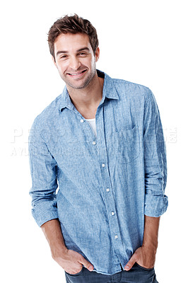 Buy stock photo Smile, portrait and man with confidence for fashion, trendy style and casual outfit on white background. Happy, aesthetic and person with shirt for denim wardrobe, pride and positive attitude