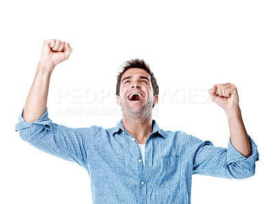 Buy stock photo Winner, success and man in studio with fist pump, celebration and excited for good news. Achievement, happy and person with gesture for winning, giveaway and reward for bonus on white background