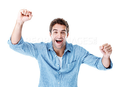 Buy stock photo Happy, portrait and man in studio with fist pump, celebrate and reaction for good news or success. Victory, excited and male with gesture for winning, giveaway or reward for bonus on white background