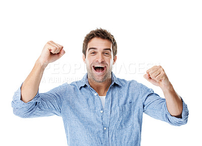 Buy stock photo Success, portrait and man in studio with fist pump, celebration and excited for winning lottery. Victory, happy and person with gesture for reward, giveaway and winner for bonus on white background