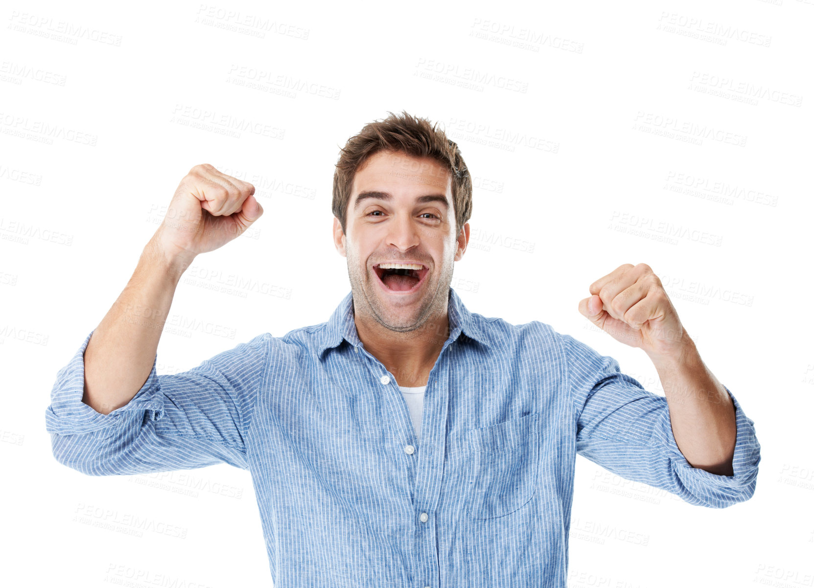 Buy stock photo Success, portrait and man in studio with fist pump, celebration and excited for winning lottery. Victory, happy and person with gesture for reward, giveaway and winner for bonus on white background