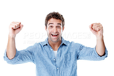 Buy stock photo Winner, portrait and man in studio with fist pump, celebration and excited for lottery success. Victory, happy and person with gesture for winning, giveaway and reward for bonus on white background
