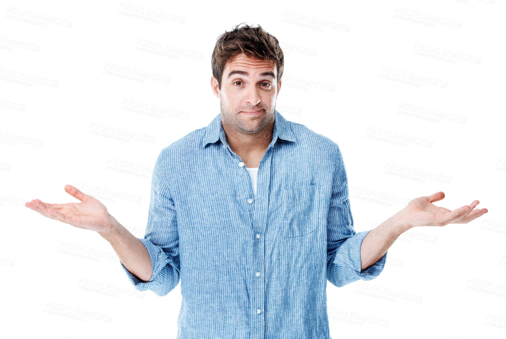 Buy stock photo Doubt, shrug and portrait of man in studio with choice, options or balance in creative career. Unsure, problem solving and designer with scale hand gesture for project on white background by space.