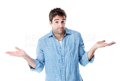 Buy stock photo Confused, shrug and portrait of man in studio with choice, options or balance in creative career. Unsure, problem solving and designer with scale hand gesture for project on white background by space