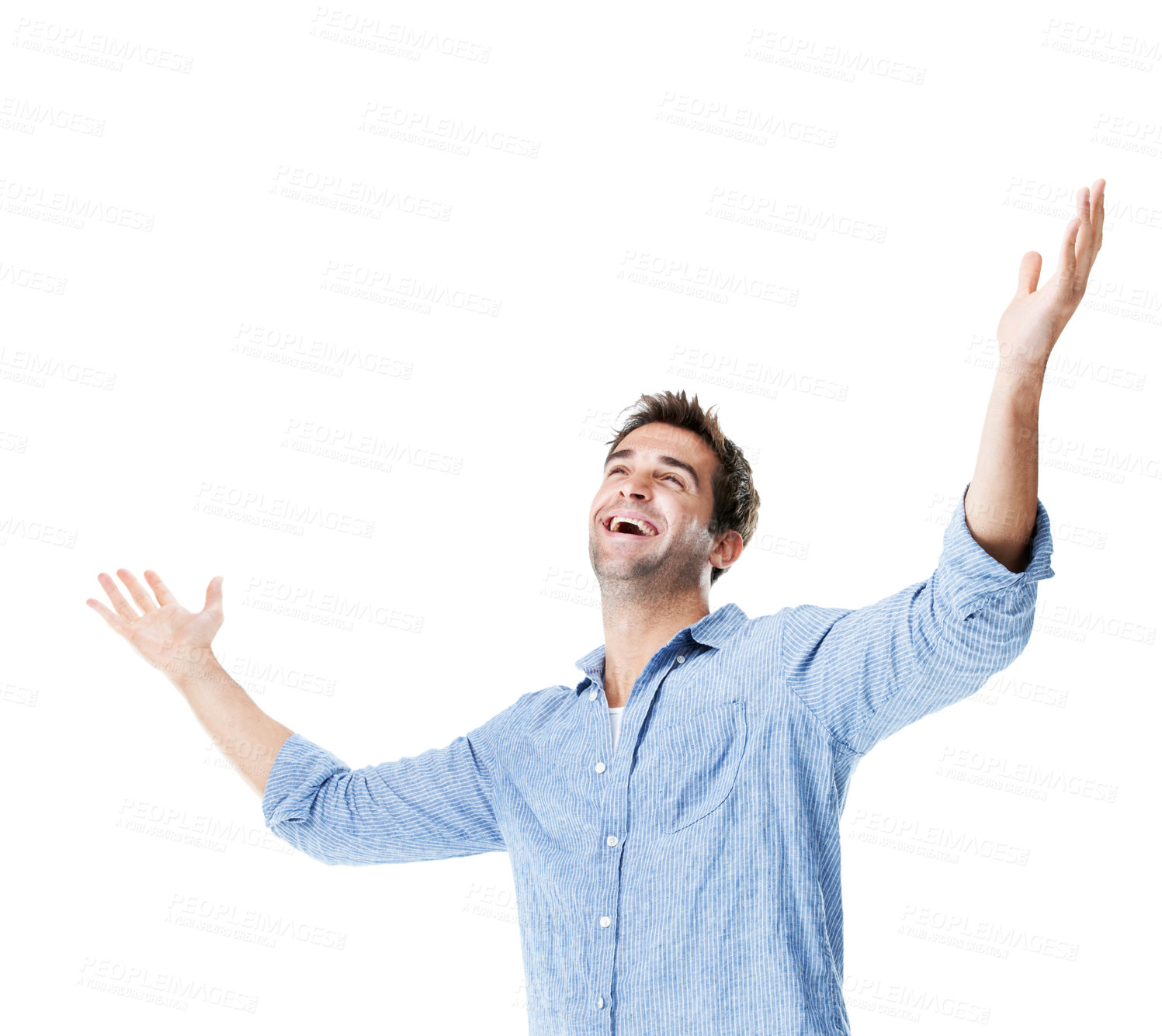 Buy stock photo Relief, winning or happy man with open arms in studio for success or good news on a white background. Male person, smile or celebration with achievement for business promotion or victory on space
