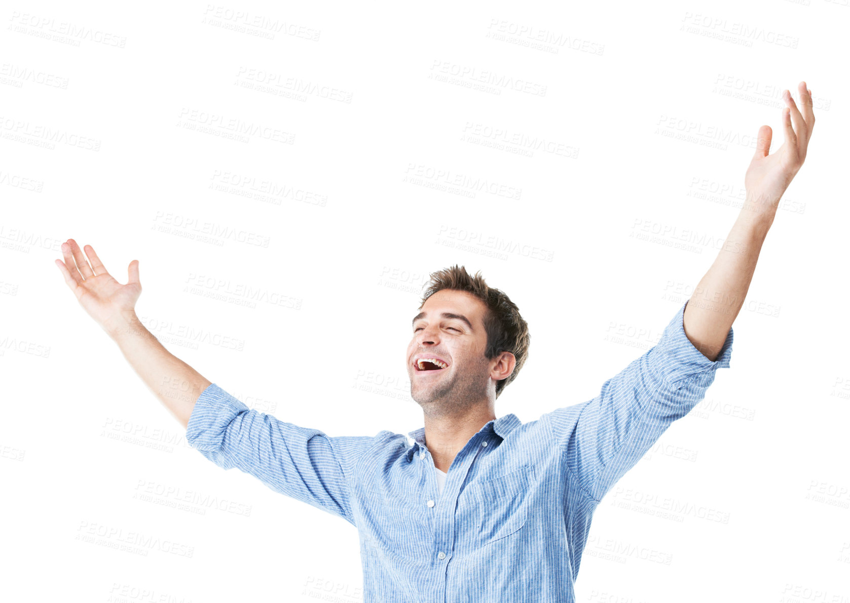 Buy stock photo Celebration, happy and man in studio by space with winning, good news or financial bonus. Excited, cheering and male person with wow expression for finance investment payout on white background.