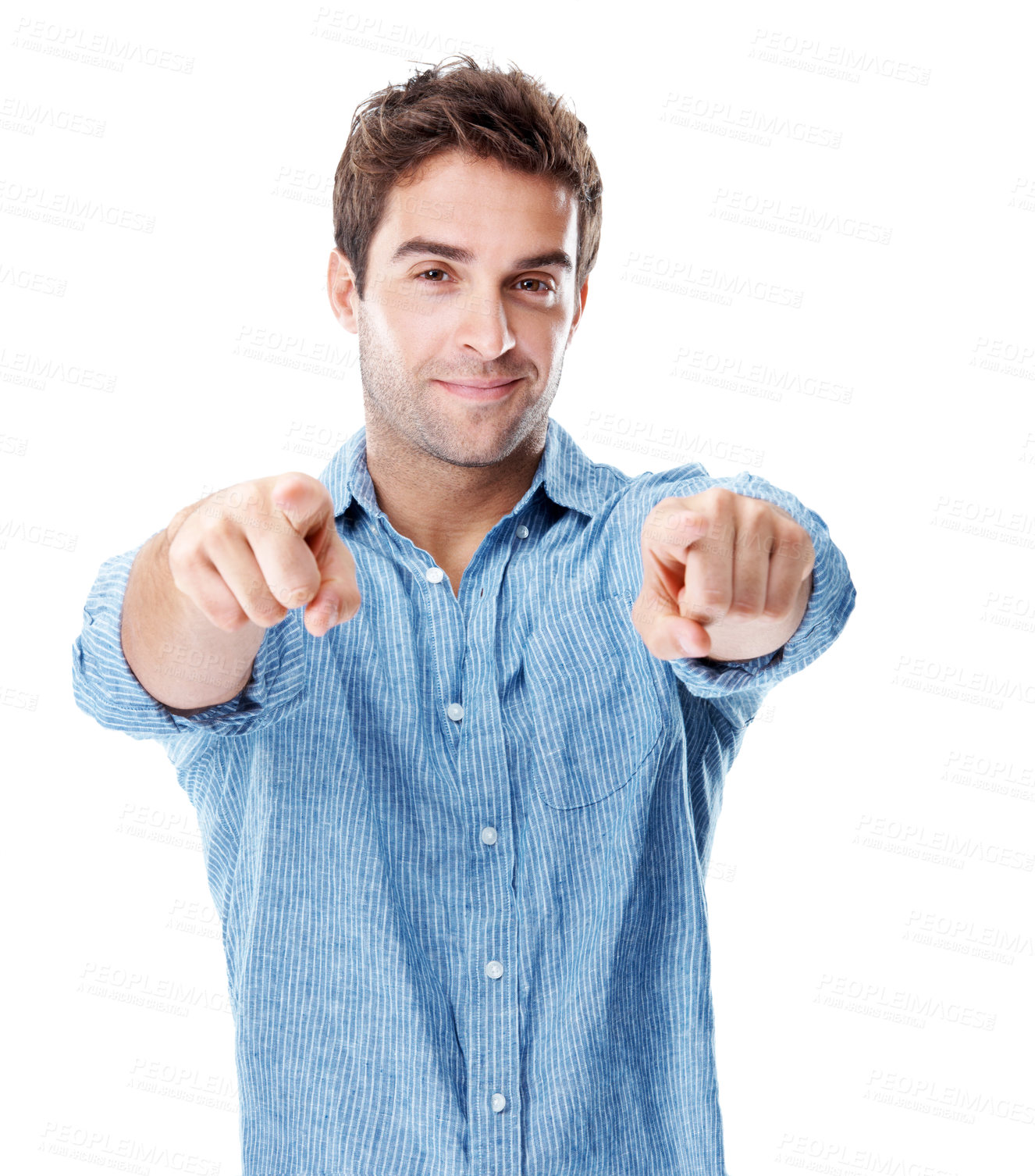 Buy stock photo Portrait, pointing and studio with happy man for selection, pick or choice on a white background. Male person, smile or choosing you with positive attitude, good news or attention for opportunity
