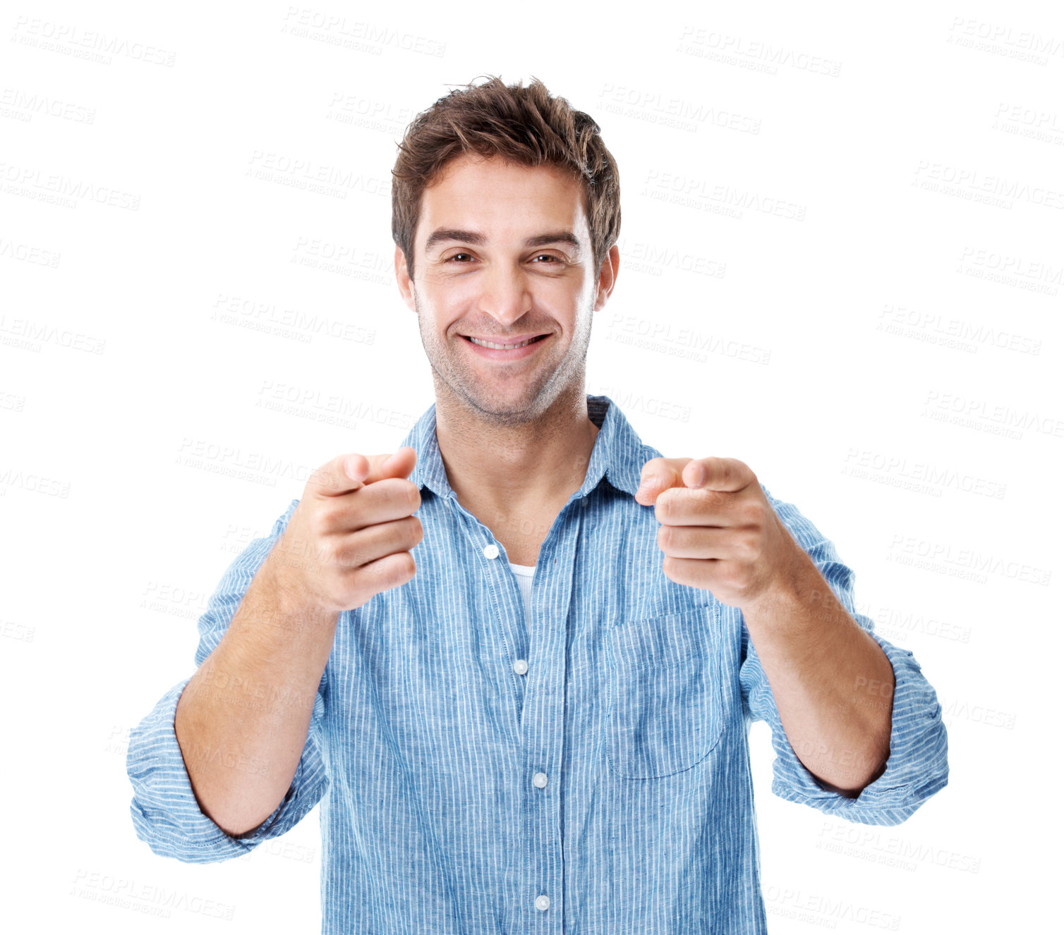 Buy stock photo Portrait, pointing or studio with happy man for choosing you, pick or selection on a white background. Male person, smile or choice with announcement, good news or attention for invite or opportunity