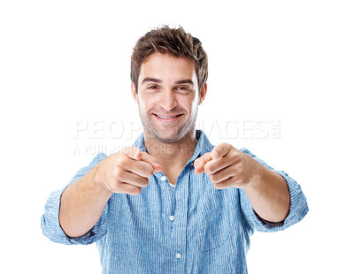 Buy stock photo Portrait, pointing and studio with happy man for choice, selection or pick on a white background. Male person, smile or choosing you with positive attitude, good news or attention for opportunity