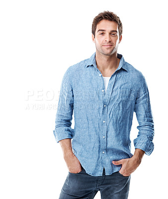 Buy stock photo Studio, portrait and man with denim for fashion, trendy clothes and casual outfit on white background. Happy, space and person with shirt for confidence, style and positive attitude in Australia