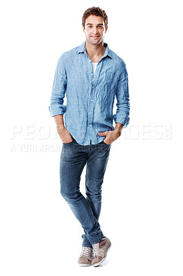Buy stock photo Man, happy and fashion in studio with confidence, space and trendy denim on white background. Person, casual outfit and smile with jeans, pride and mock up for portrait with style in New Zealand
