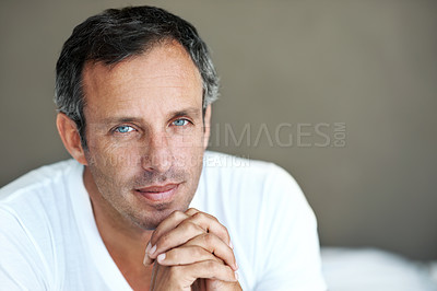 Buy stock photo Relax, thinking and portrait of man in home for brainstorming, vision and reflection. Problem solving, perspective and memory with mature person planning in apartment for idea, wondering and peace