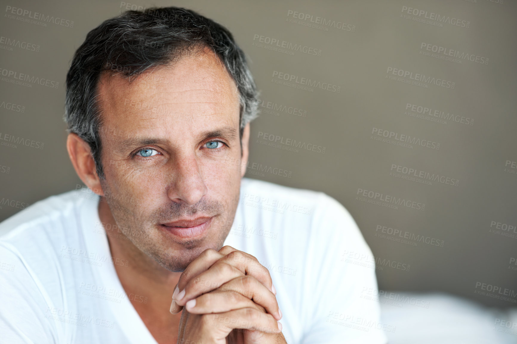 Buy stock photo Relax, thinking and portrait of man in home for brainstorming, vision and reflection. Problem solving, perspective and memory with mature person planning in apartment for idea, wondering and peace