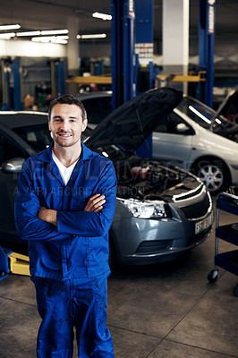 Buy stock photo Happy man, portrait or mechanic in garage with confidence, repair service or about us for maintenance. Repairman, arms crossed or technician in workshop for quality assurance, vehicle care or fixing