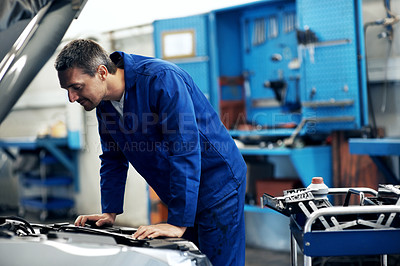 Buy stock photo Auto repair, mechanic and engine inspection in workshop for sensor diagnostics, fluid level or safety. Technician, mature man and car service for vehicle maintenance, operational check or calibration