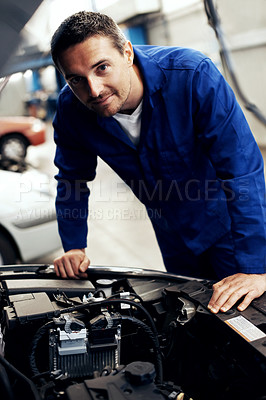 Buy stock photo Auto repair, man and car service portrait in workshop for sensor diagnostics, fluid level or safety. Garage, mechanic and engine inspection for routine maintenance, damage or operational check