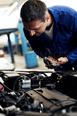 Buy stock photo Car service, mechanic or cleaning hands in garage for auto repair, routine maintenance or oil change. Cloth, mature man and vehicle inspection for fluid quality, motor grease and diagnostic testing