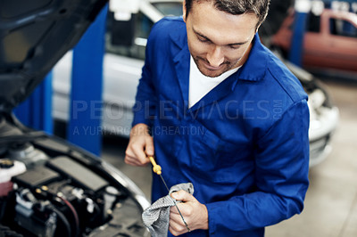 Buy stock photo Car, mechanic and test oil with dipstick, maintenance service or skills for small business in workshop. Tools, man and technician check engine in garage with vehicle evaluation, repair or inspection.