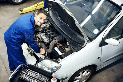 Buy stock photo Workshop, portrait and man with car for engine repair, diagnostics or maintenance for auto service. Garage, happy and mechanic with equipment for fixing, calibration and inspection for vehicle
