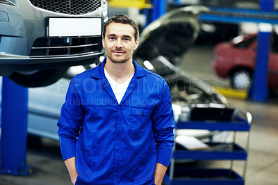 Buy stock photo Car, engineer and portrait with man in garage for automobile maintenance or repair. Industry, service and transport with confident mechanic in vehicle workshop for professional check or inspection