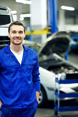 Buy stock photo Car, portrait and space with man in garage for automobile maintenance or repair. Industry, mechanic and service with confident engineer in vehicle workshop for professional check or inspection