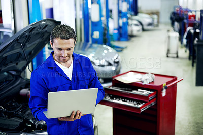 Buy stock photo Man, laptop and car mechanic in workshop with planning, website or digital manual for repair service. Technician, person and search how to fix vehicle in garage with computer, internet or maintenance