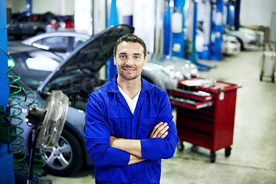 Buy stock photo Portrait, man and arms crossed in garage with mechanic, inspection and service for vehicle repair. Smile, male person or leadership in workshop with technician, automotive maintenance and diagnostics